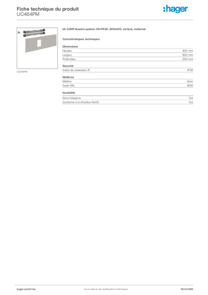 Image Hager Fiche technique du produit UC464PM | Hager Belgique