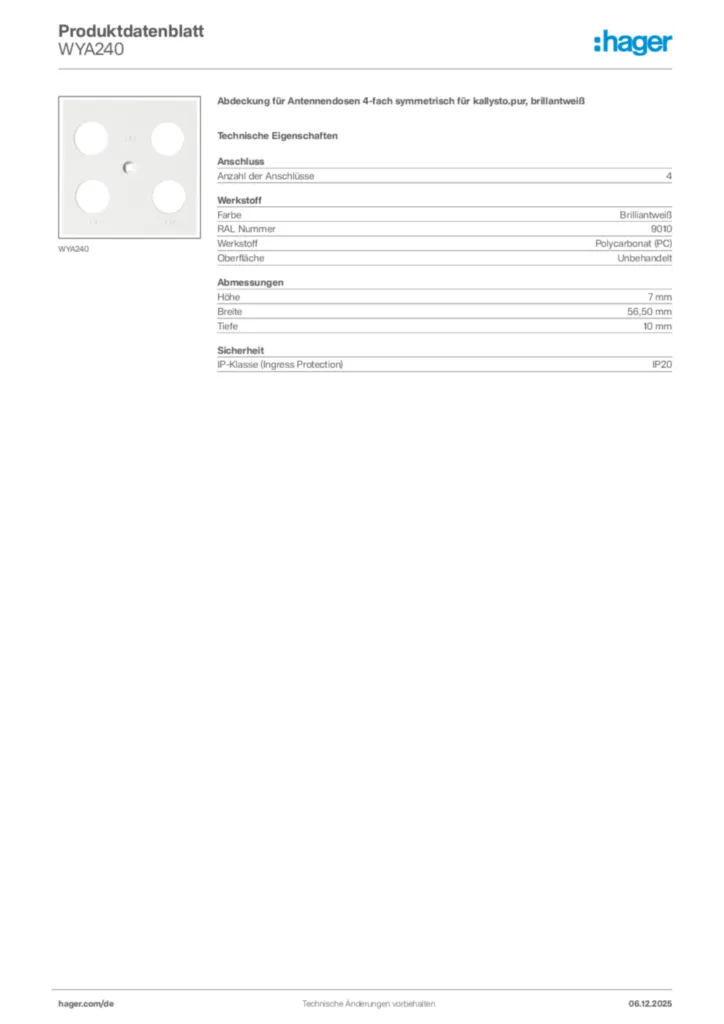 Bild Hager Produktdatenblatt WYA240 | Hager Deutschland