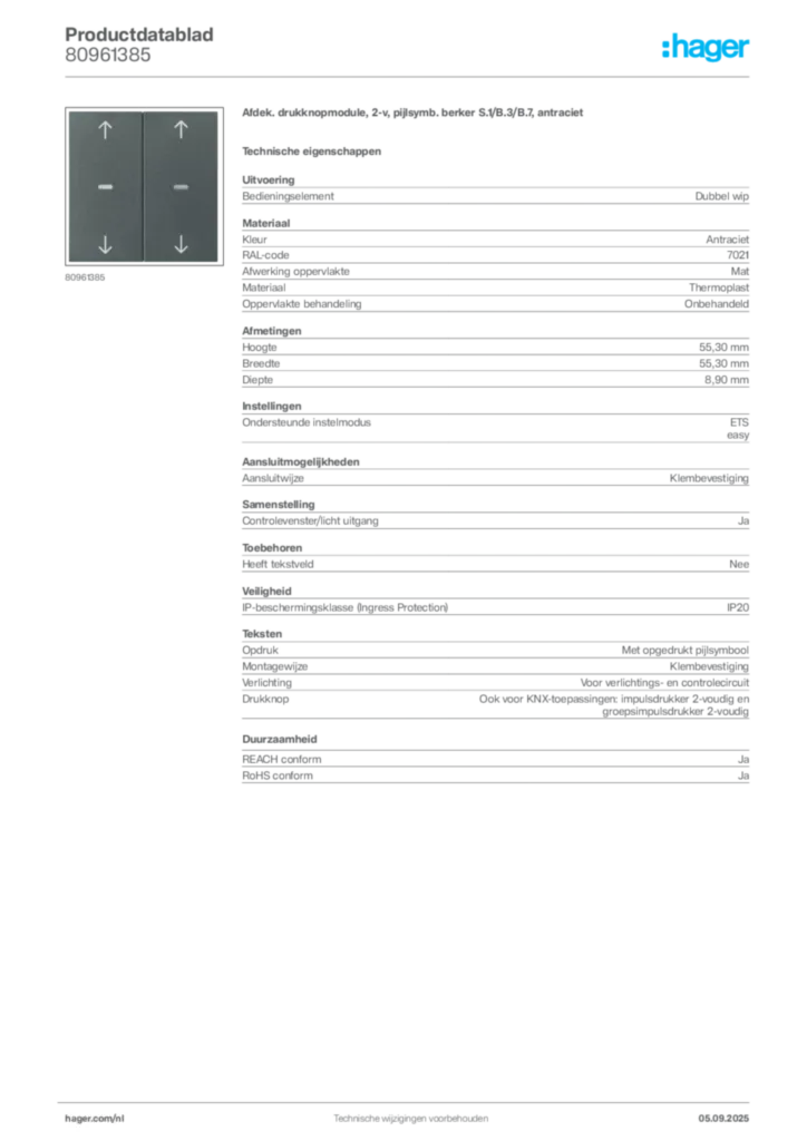 Afbeelding Hager Productdatablad 80961385 | Hager Nederland