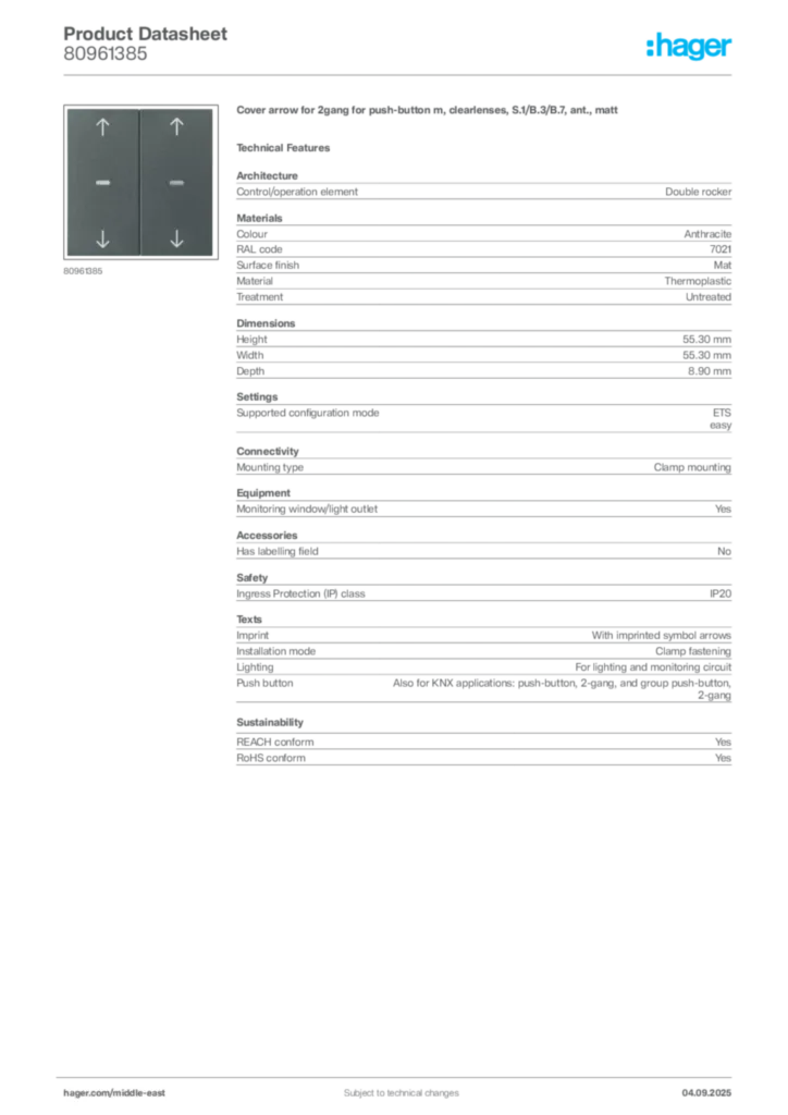 Image Hager Product data sheet 80961385  | Hager