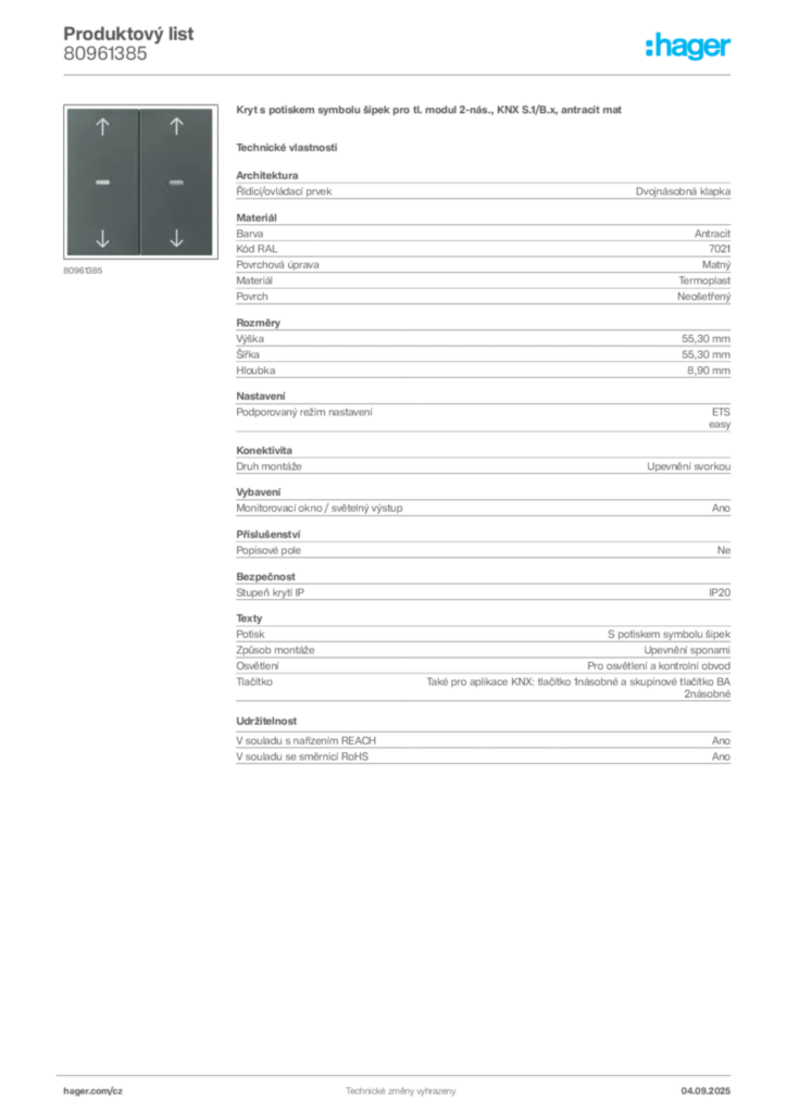 Obrázek Hager Produktový list 80961385 | Hager