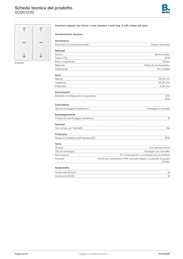 Immagine Berker Scheda tecnica del prodotto 80961399 | Hager Italia