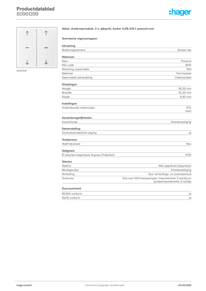 Afbeelding Hager Productdatablad 80961399 | Hager Nederland