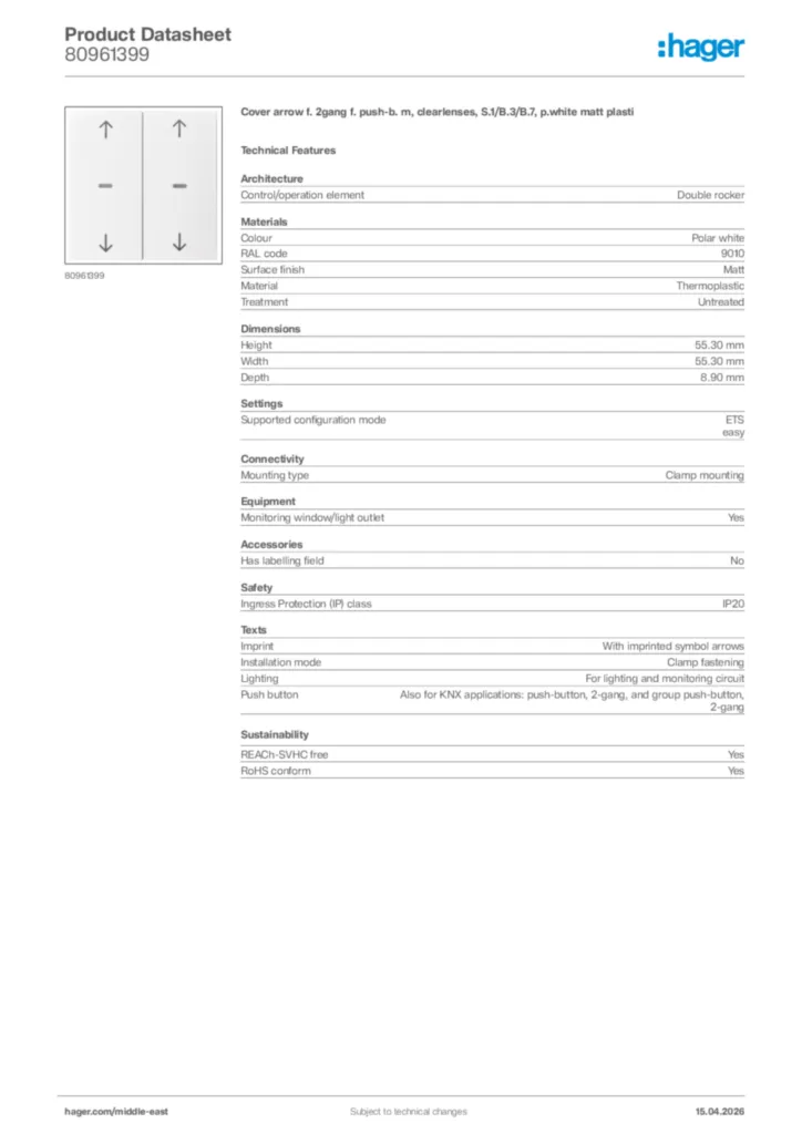 Image Hager Product data sheet 80961399  | Hager