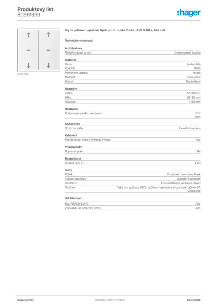 Obrázek Hager Product data sheet 80961399 | Hager