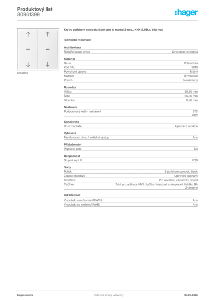 Obrázek Hager Produktový list 80961399 | Hager