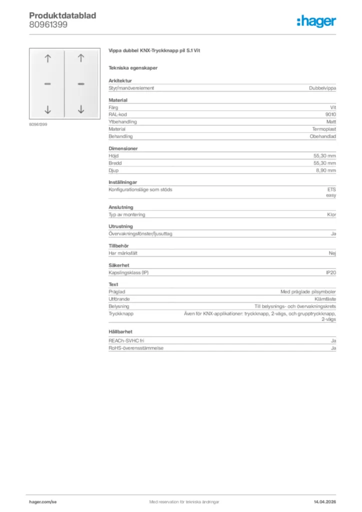 Bild Hager Produktdatablad 80961399 | Hager Sverige