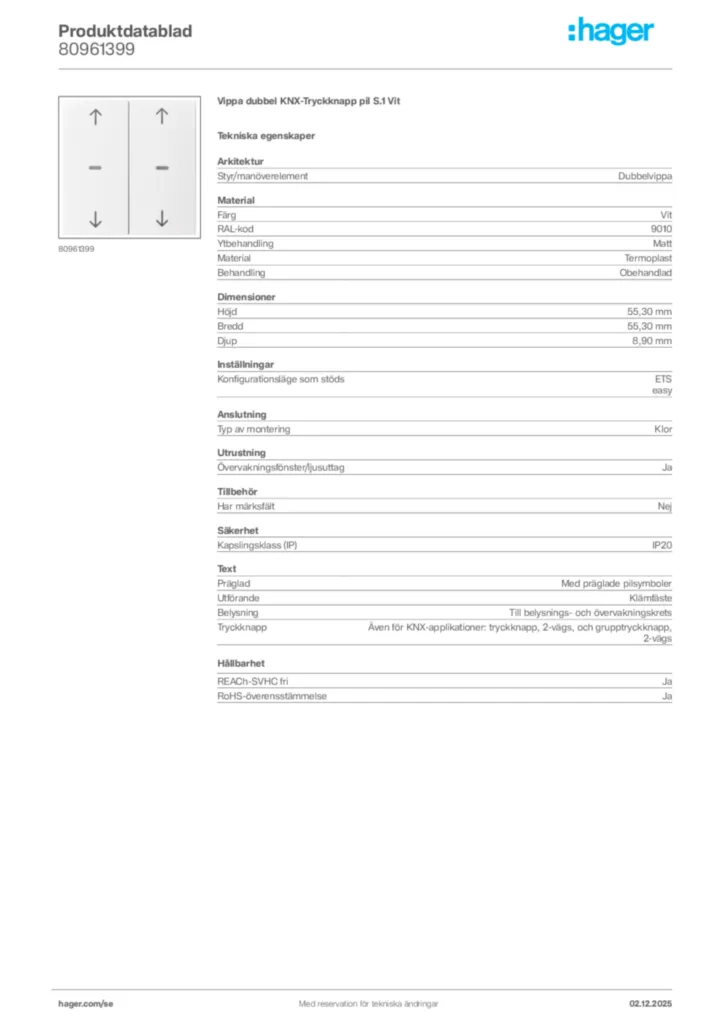 Bild Hager Produktdatablad 80961399 | Hager Sverige
