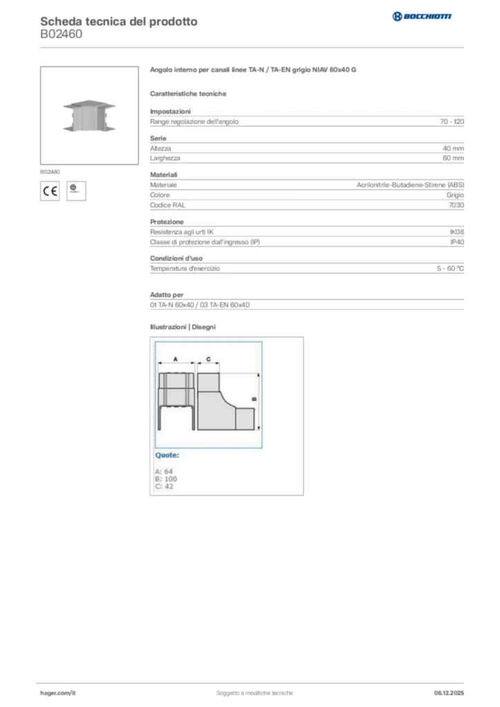 Immagine Bocchiotti Scheda tecnica del prodotto B02460 | Hager Italia
