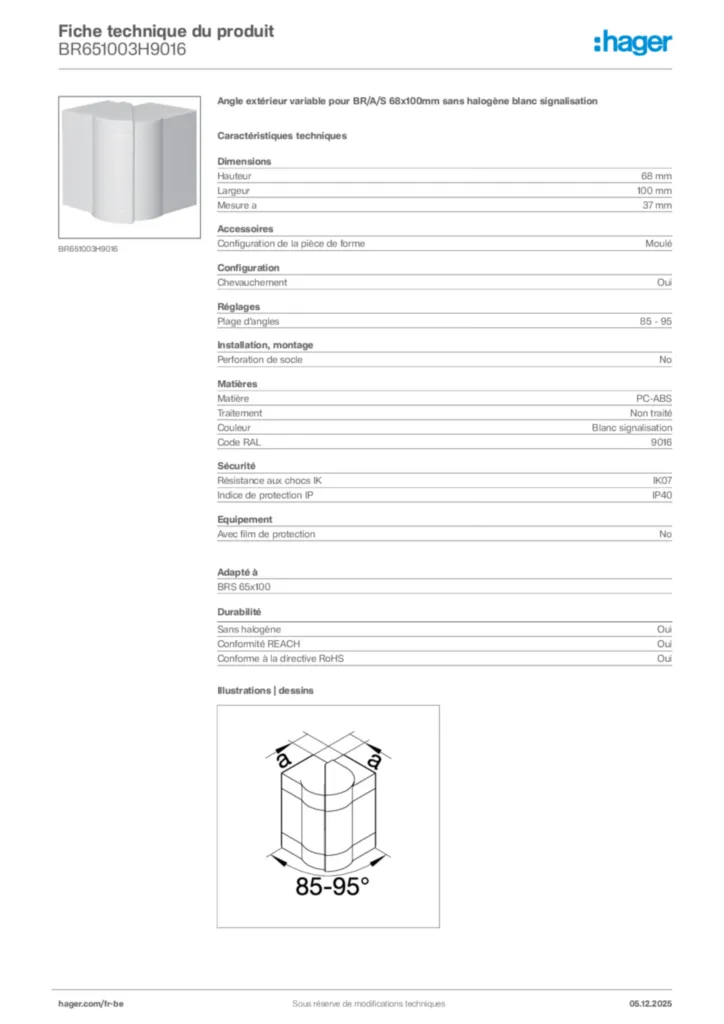 Image Hager Fiche technique du produit BR651003H9016 | Hager Belgique