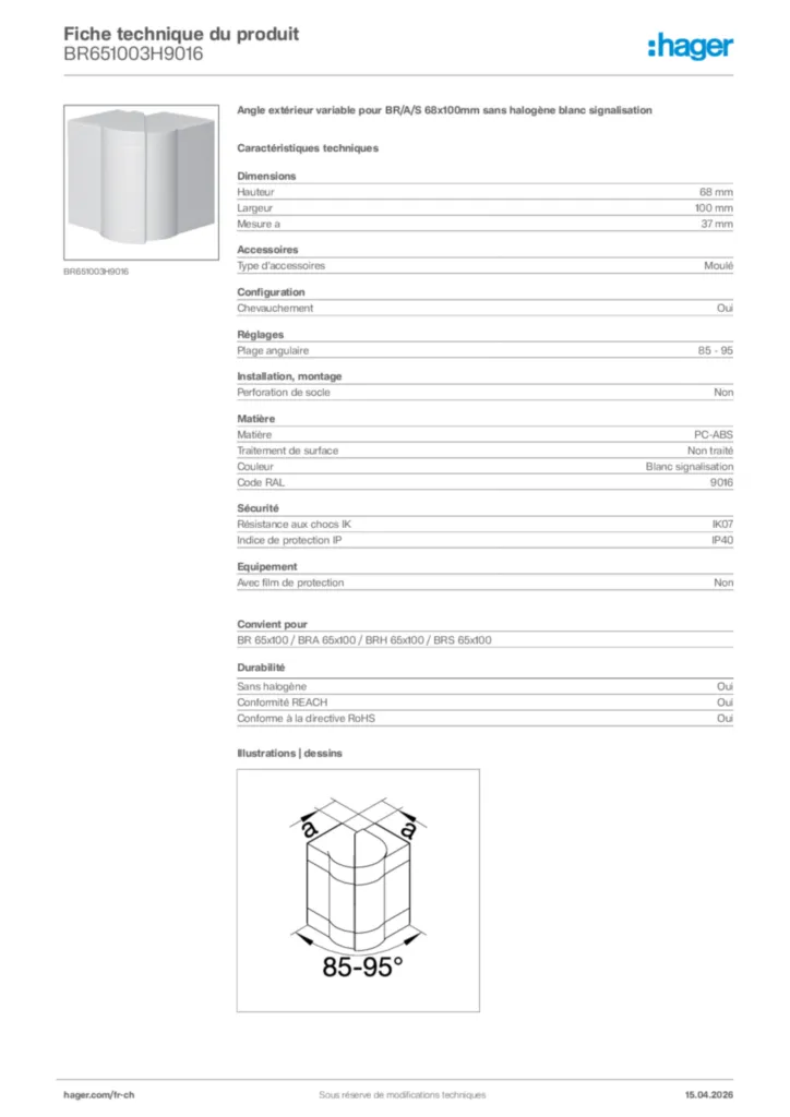 Image Hager Fiche technique du produit BR651003H9016 | Hager Suisse