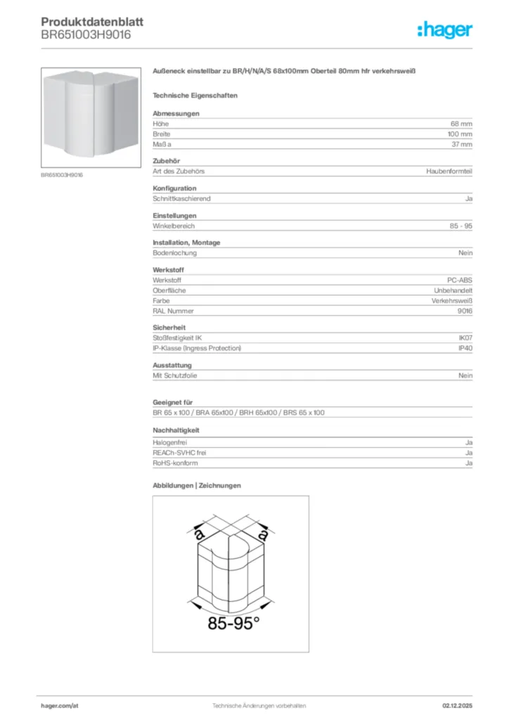 Bild Hager Produktdatenblatt BR651003H9016 | Hager Deutschland