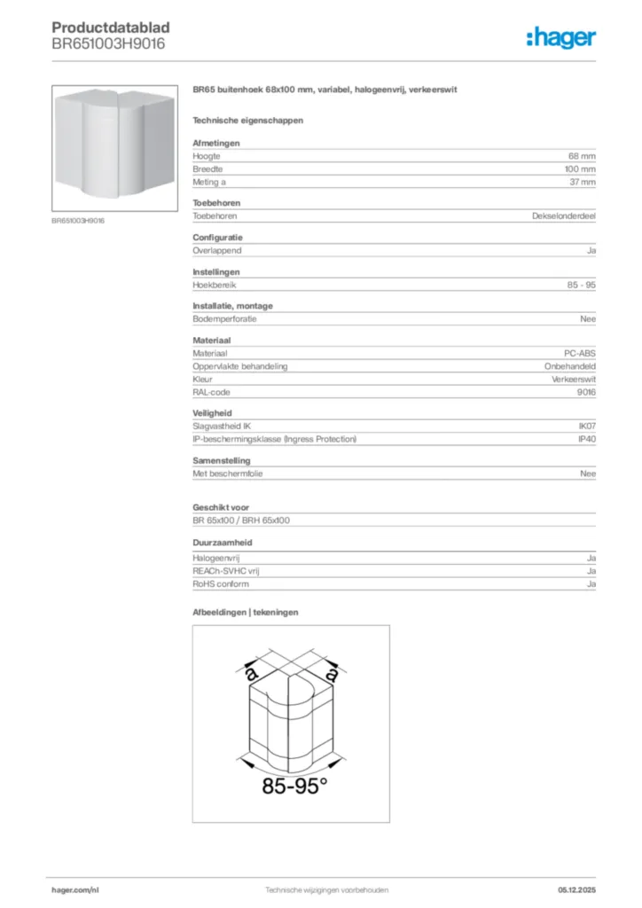 Afbeelding Hager Productdatablad BR651003H9016 | Hager Nederland