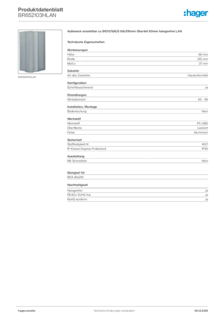 Bild Hager Produktdatenblatt BR652103HLAN | Hager Deutschland