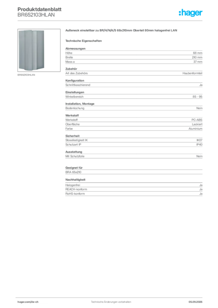 Bild Hager Produktdatenblatt BR652103HLAN | Hager Schweiz