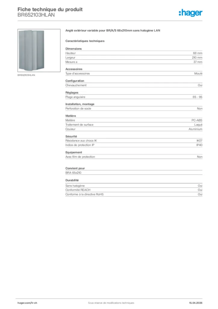 Image Hager Fiche technique du produit BR652103HLAN | Hager Suisse