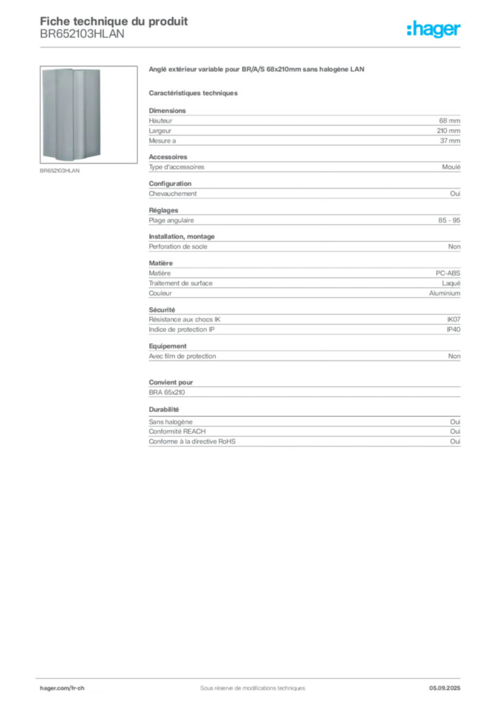 Image Hager Fiche technique du produit BR652103HLAN | Hager Suisse