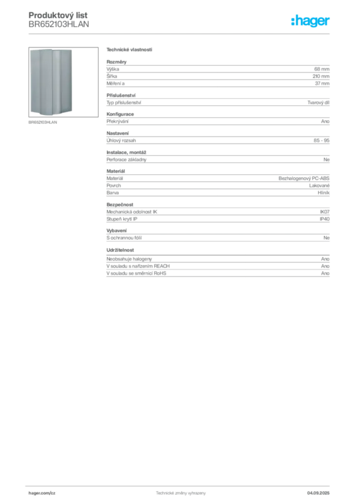 Obrázek Hager Produktový list BR652103HLAN | Hager