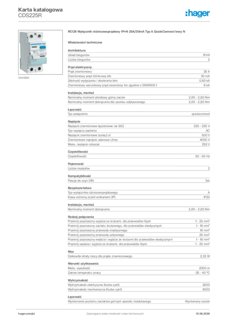 Zdjęcie Hager Karta katalogowa CDS225R | Hager Polska