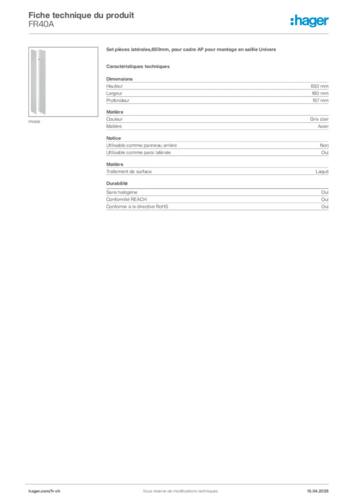 Image Hager Fiche technique du produit FR40A | Hager Suisse