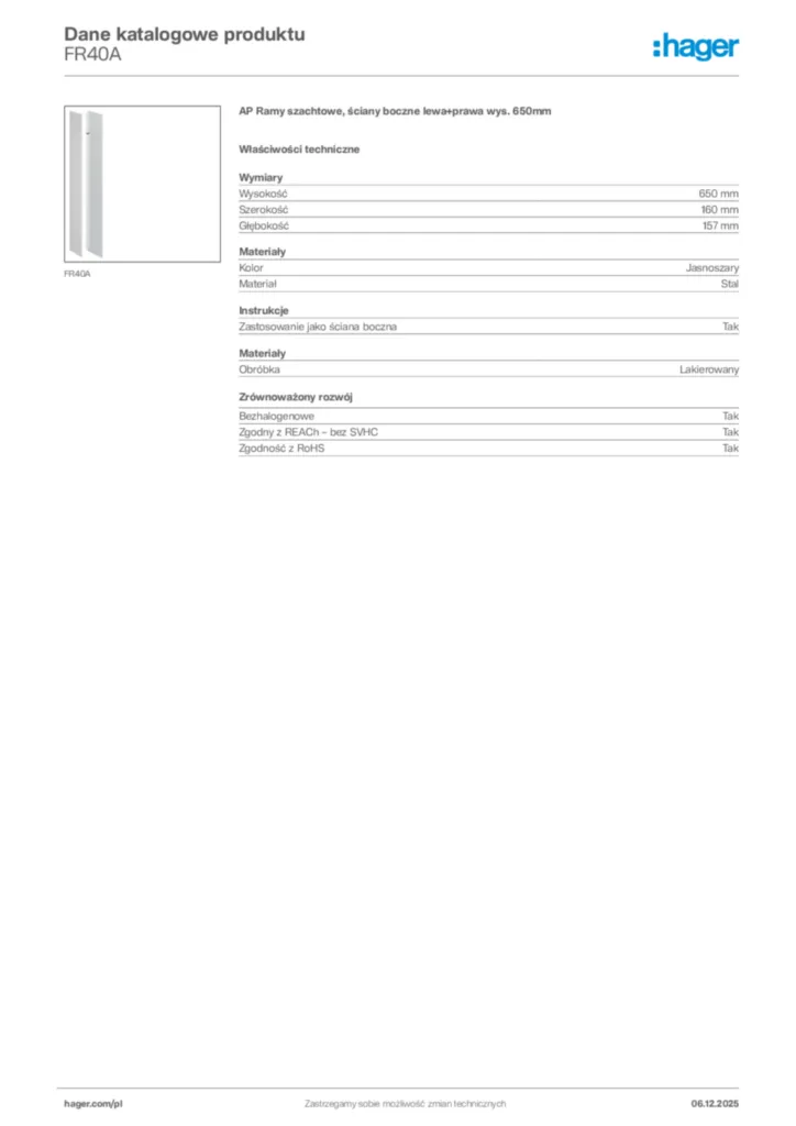 Zdjęcie Hager Dane katalogowe produktu FR40A | Hager Polska