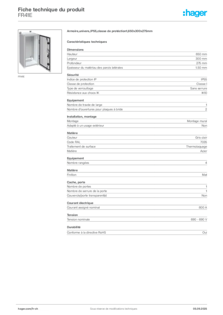 Image Hager Fiche technique du produit FR41E | Hager Suisse