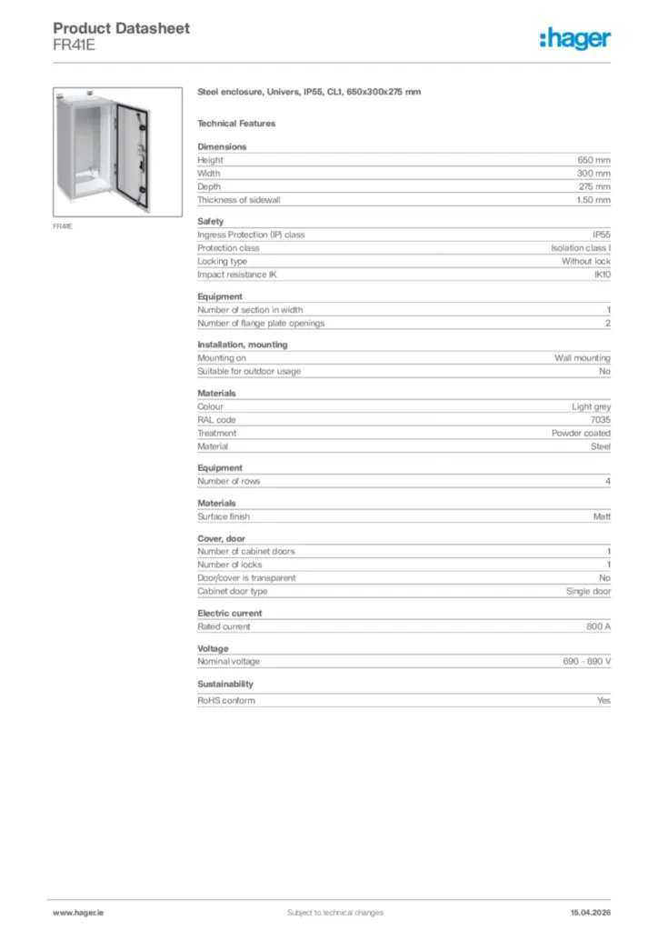 Image Hager Product data sheet FR41E  | Hager