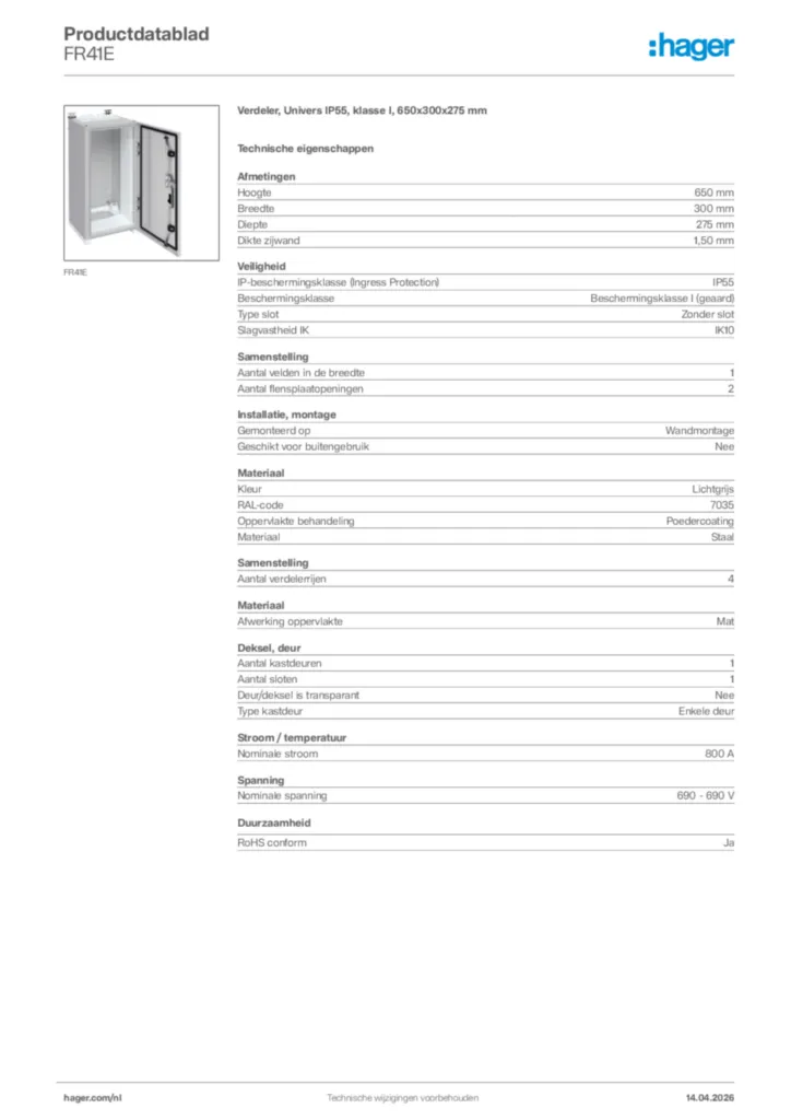 Afbeelding Hager Productdatablad FR41E | Hager Nederland