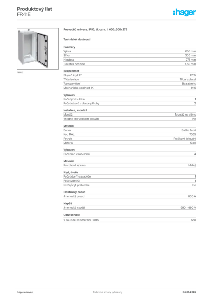 Obrázek Hager Produktový list FR41E | Hager