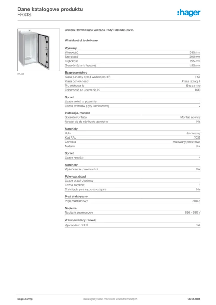 Zdjęcie Hager Karta katalogowa FR41S | Hager Polska