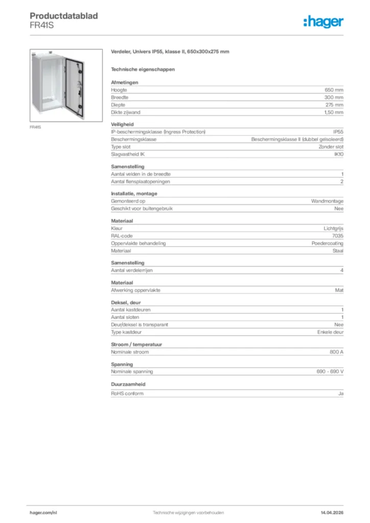 Afbeelding Hager Productdatablad FR41S | Hager Nederland