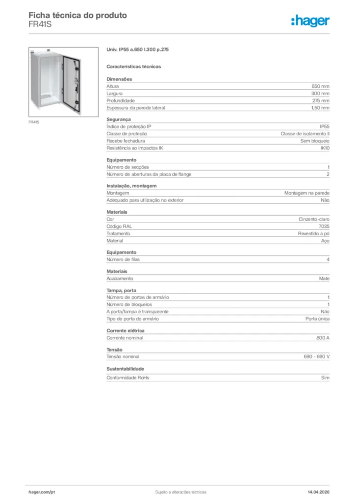 Imagem Hager Ficha técnica do produto FR41S | Hager Portugal