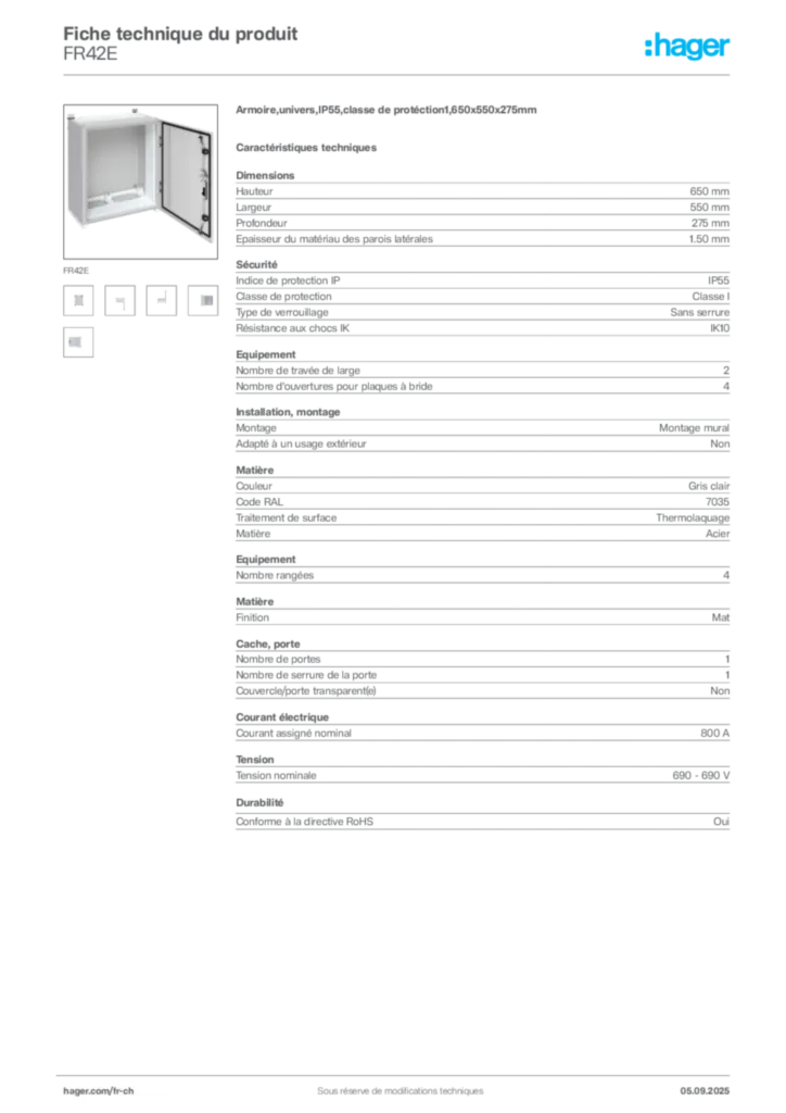 Image Hager Fiche technique du produit FR42E | Hager Suisse