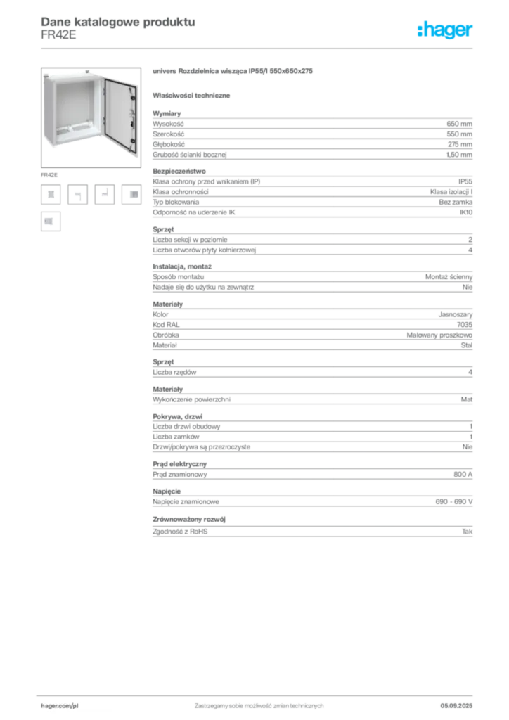 Zdjęcie Hager Dane katalogowe produktu FR42E | Hager Polska