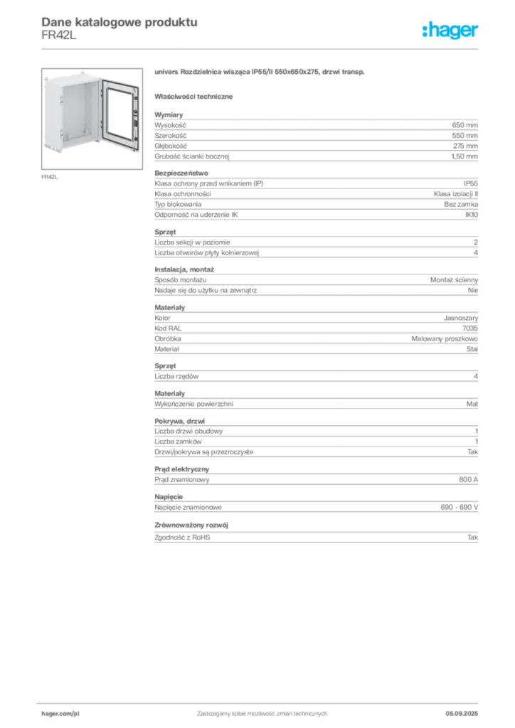 Zdjęcie Hager Dane katalogowe produktu FR42L | Hager Polska