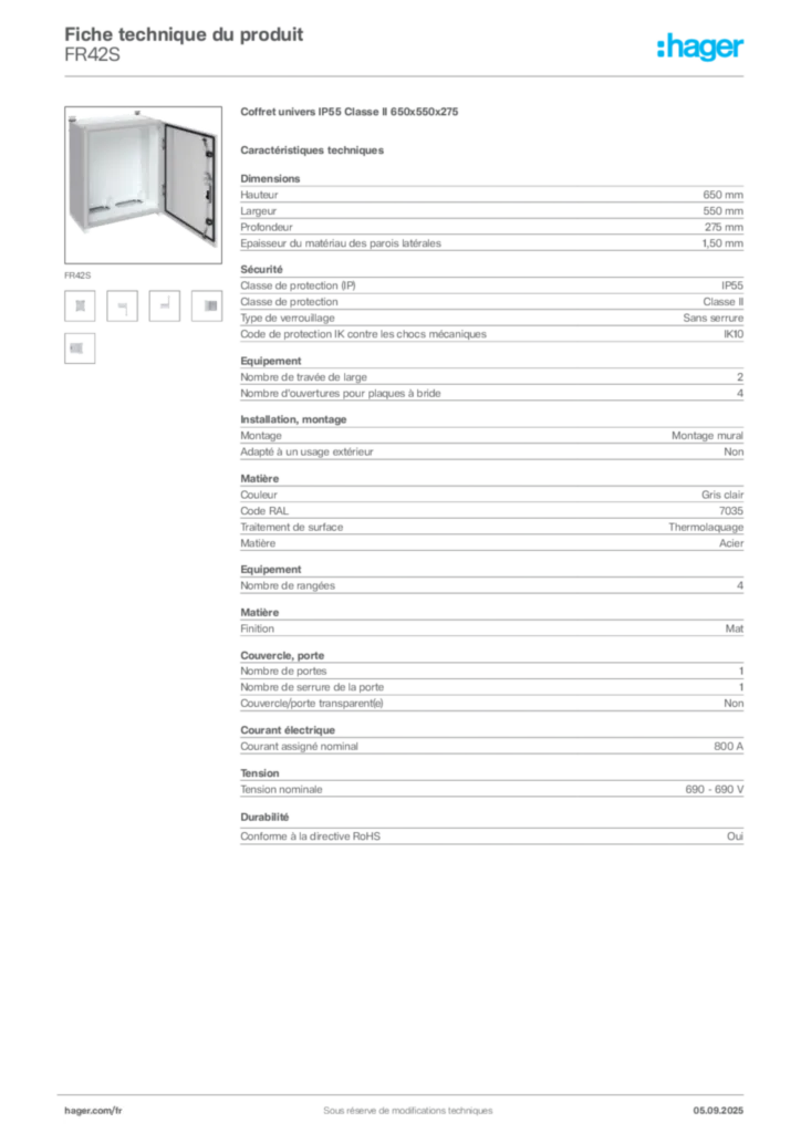 Image Hager Fiche technique du produit FR42S | Hager France