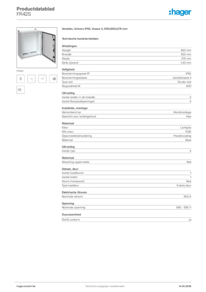 Afbeelding Hager Productdatablad FR42S | Hager Belgium