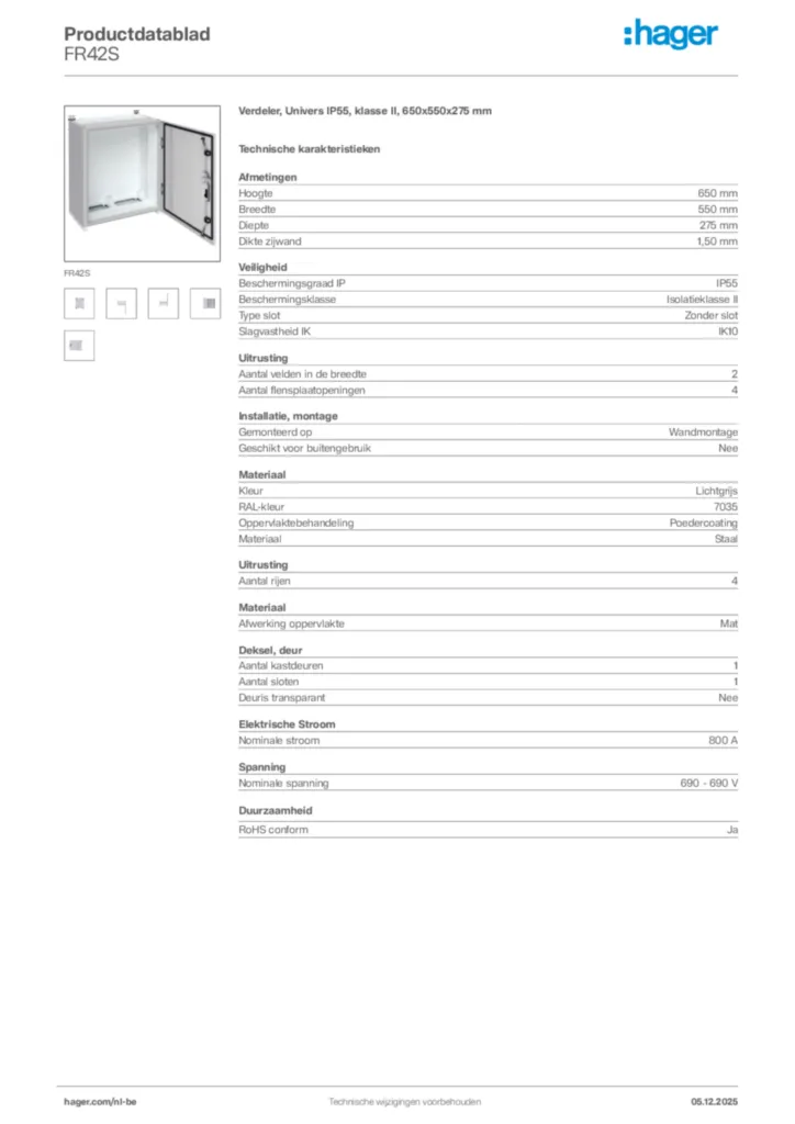 Afbeelding Hager Productdatablad FR42S | Hager Belgium