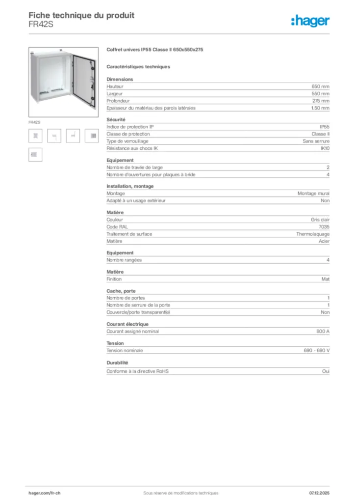 Image Hager Fiche technique du produit FR42S | Hager Suisse