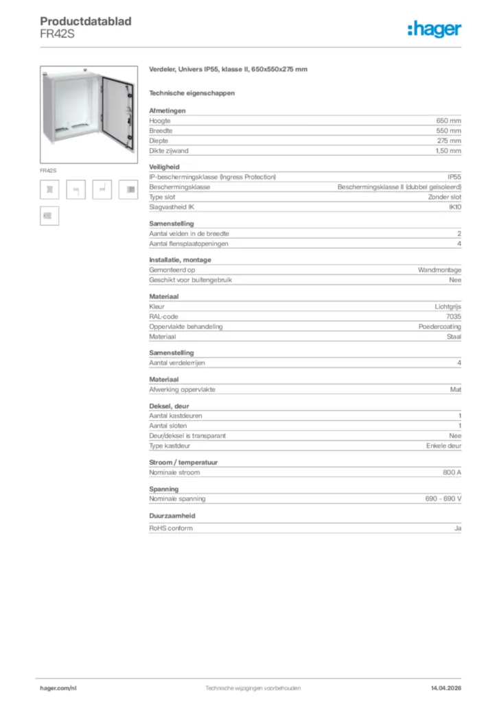 Afbeelding Hager Productdatablad FR42S | Hager Nederland