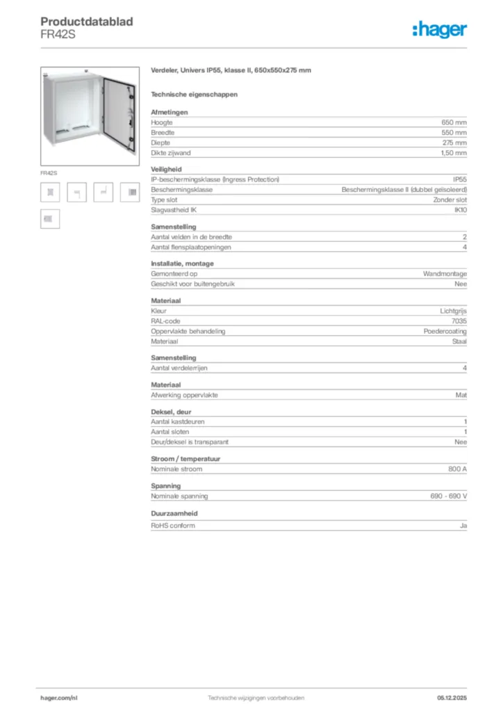 Afbeelding Hager Productdatablad FR42S | Hager Nederland
