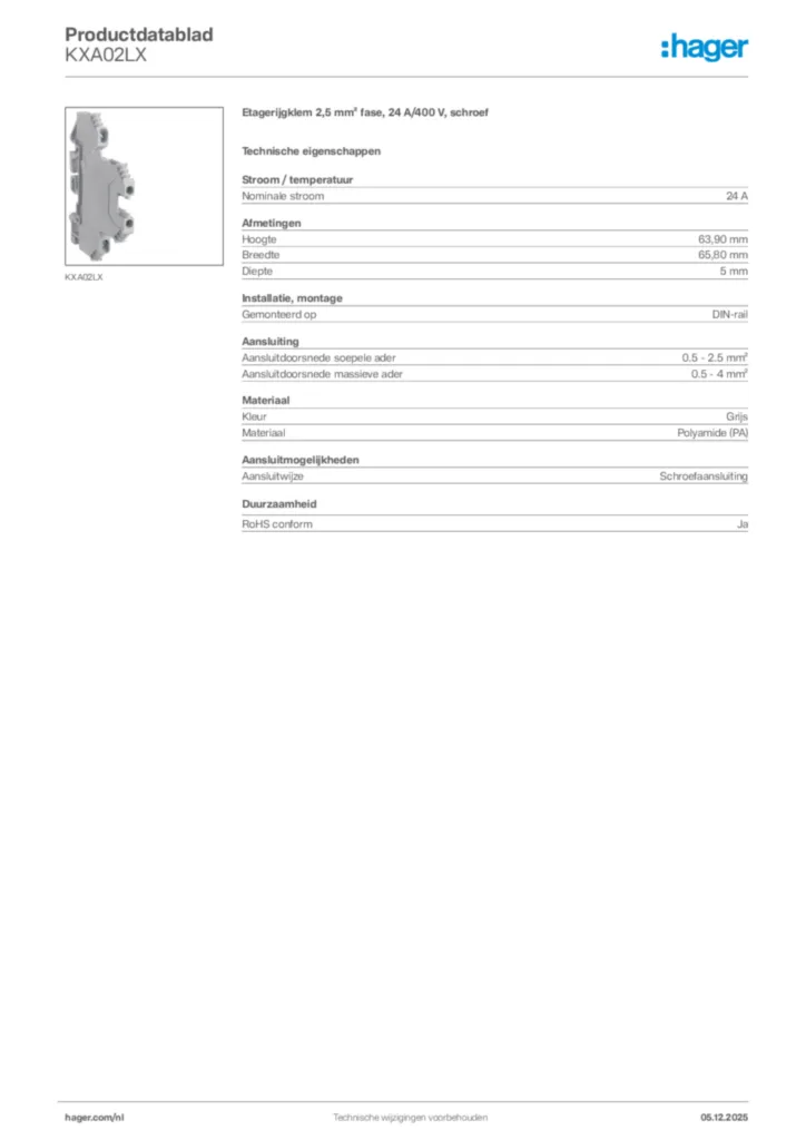 Afbeelding Hager Productdatablad KXA02LX | Hager Nederland