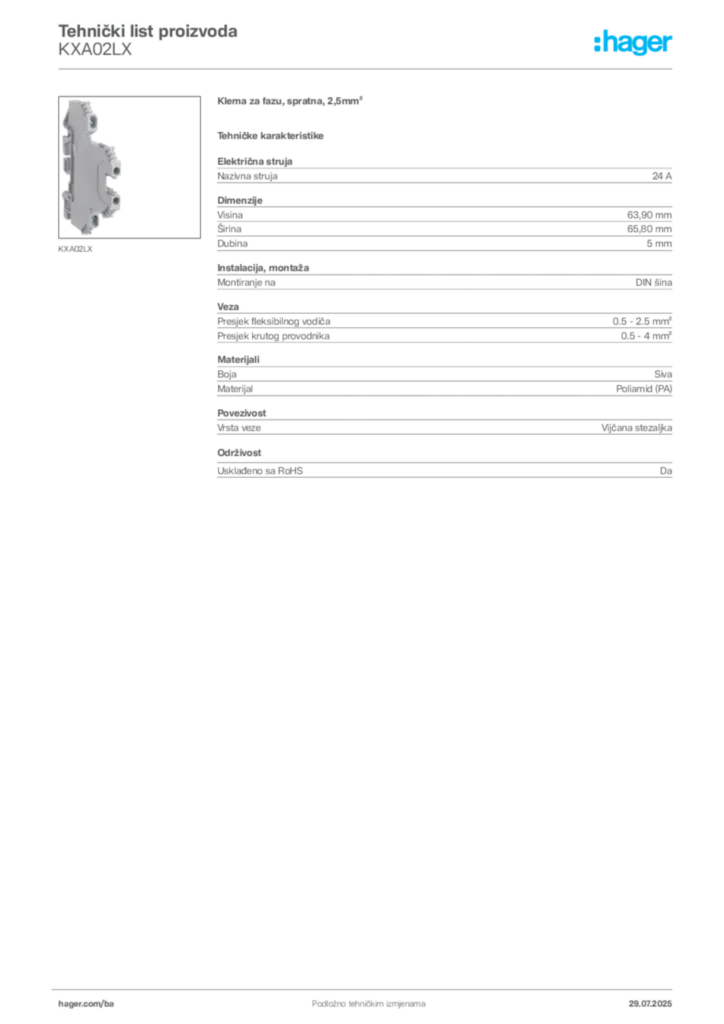 Slika Hager Product data sheet KXA02LX  | Hager
