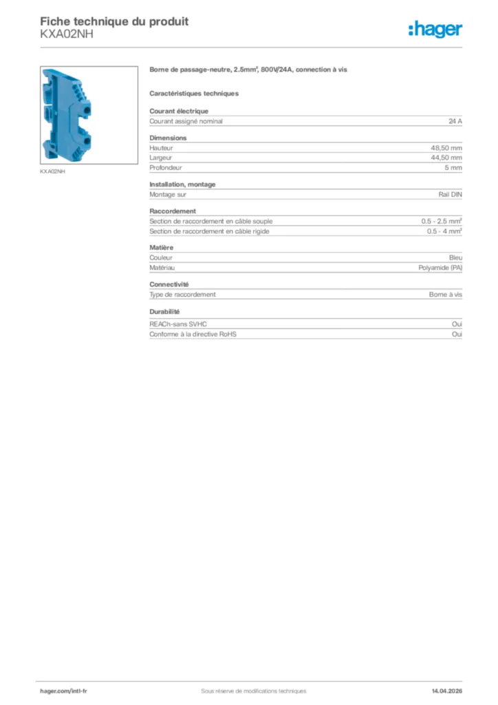 Image Hager Fiche technique du produit KXA02NH | Hager Afrique