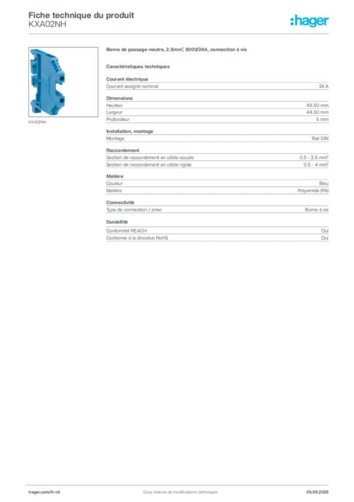 Image Hager Fiche technique du produit KXA02NH | Hager Suisse