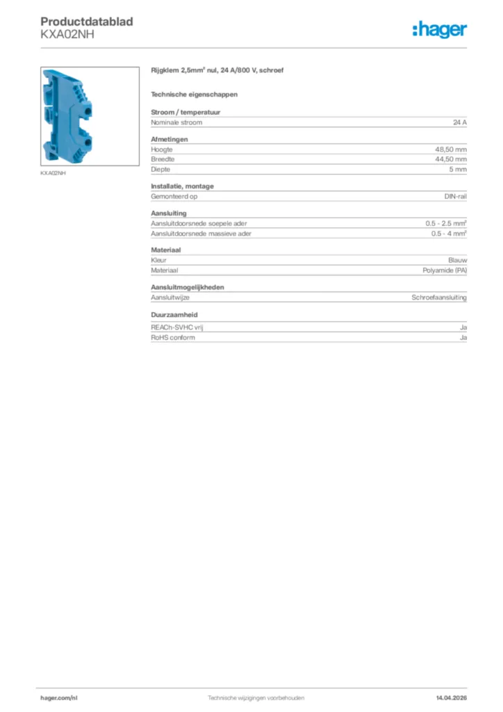 Afbeelding Hager Productdatablad KXA02NH | Hager Nederland