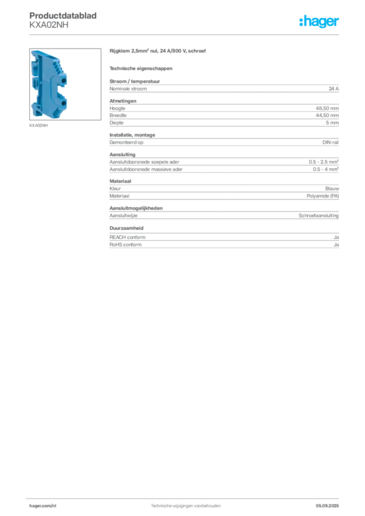 Afbeelding Hager Productdatablad KXA02NH | Hager Nederland