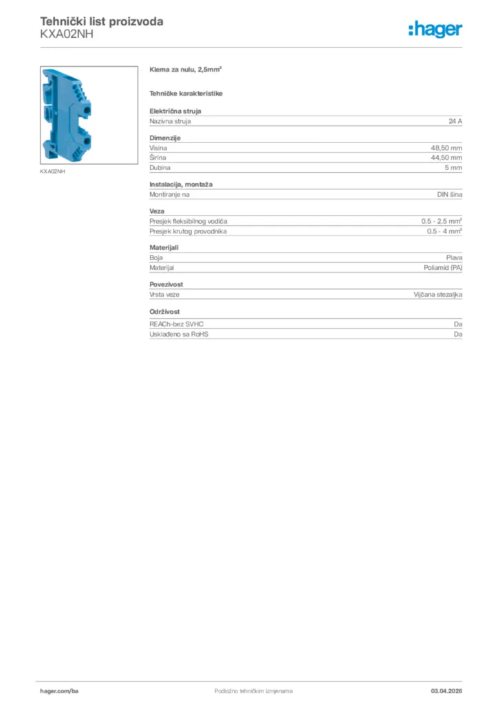 Slika Hager Tehnički list proizvoda KXA02NH  | Hager