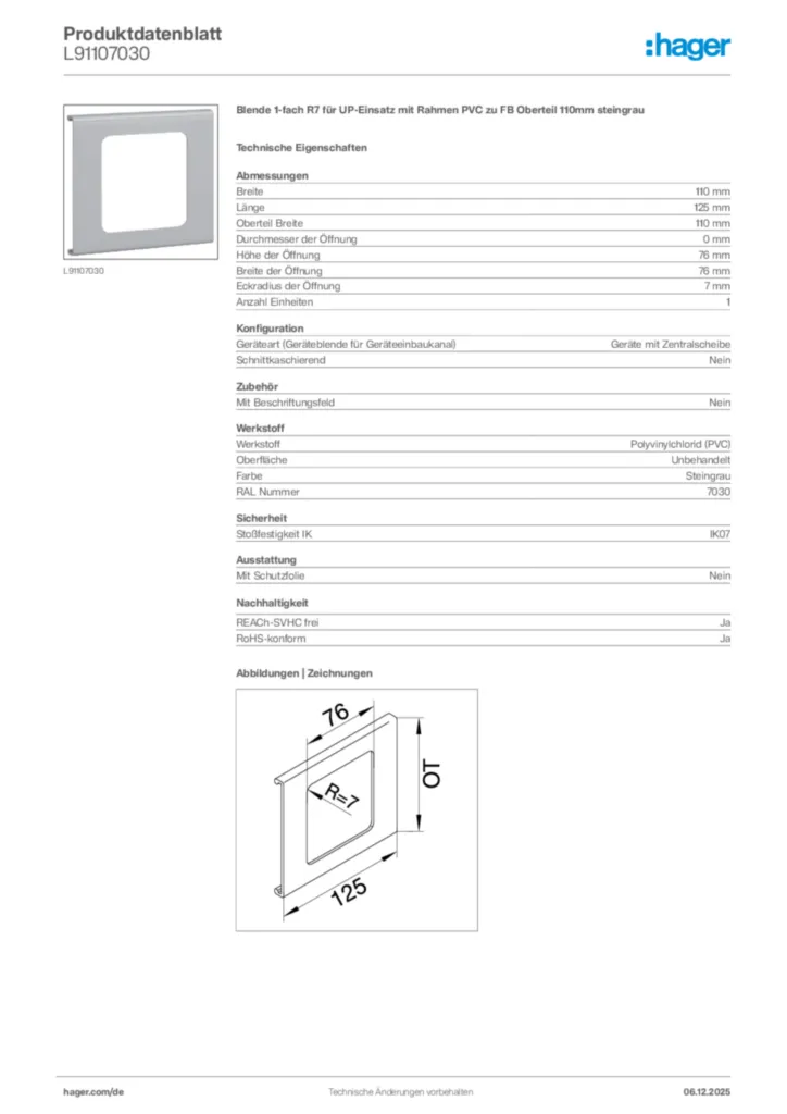 Hager Produktdatenblatt L91107030
