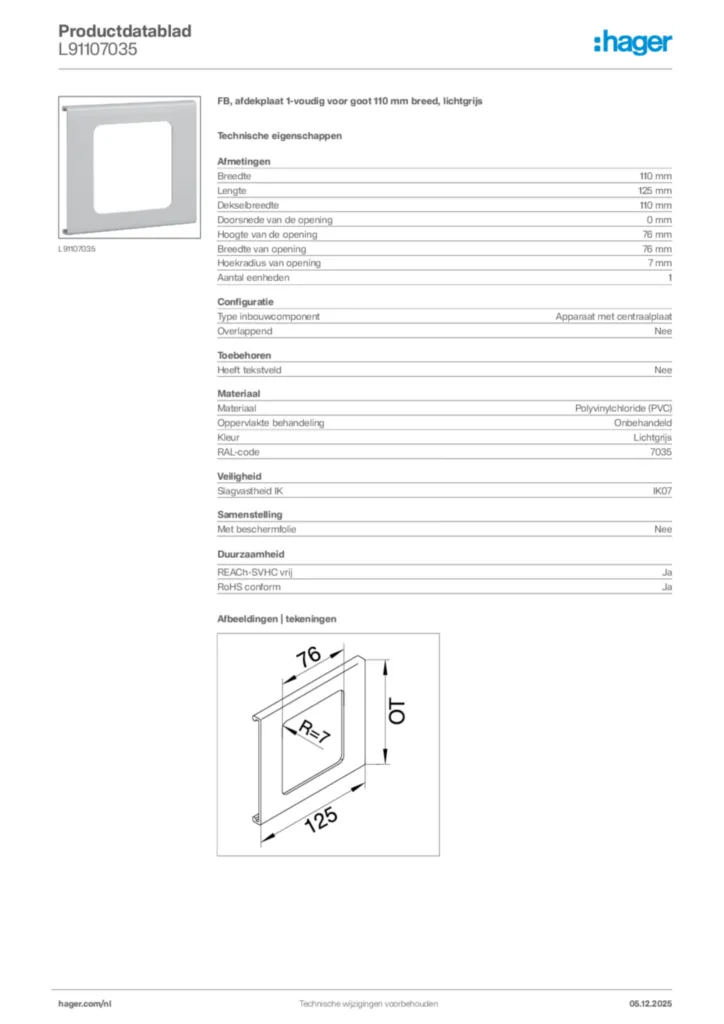 Afbeelding Hager Productdatablad L91107035 | Hager Nederland